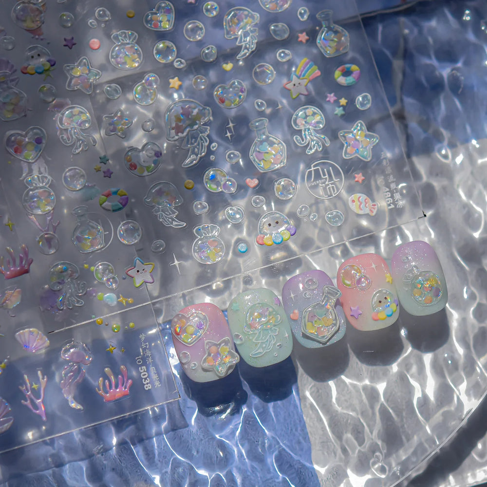 Star Drift Bottle Current Bottle Jellyfish Marine Meteor Water Bubble Love Heart Self Adhesive Nail Art Stickers Manicure Decals (ONLINE ORDER ONLY)