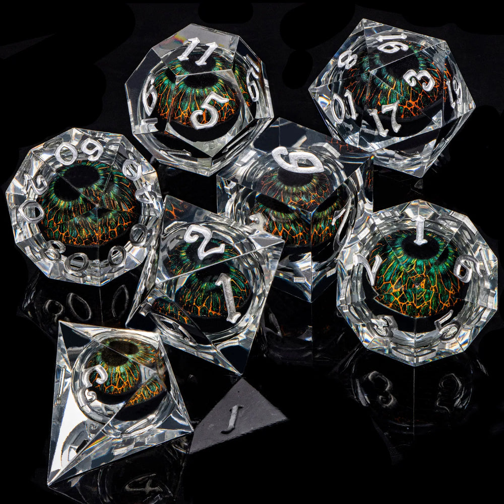 7 Piece Handcrafted Sharp Edged Dice Set With Liquid Core Eyeball (Online Order Only)