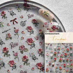 Retro Rose Flowers Bowknot Petal Romantic 5D Soft Embossed Relief Self Adhesive Nail Art Decoration Stickers 3D Manicure Decals (ONLINE ORDER ONLY)