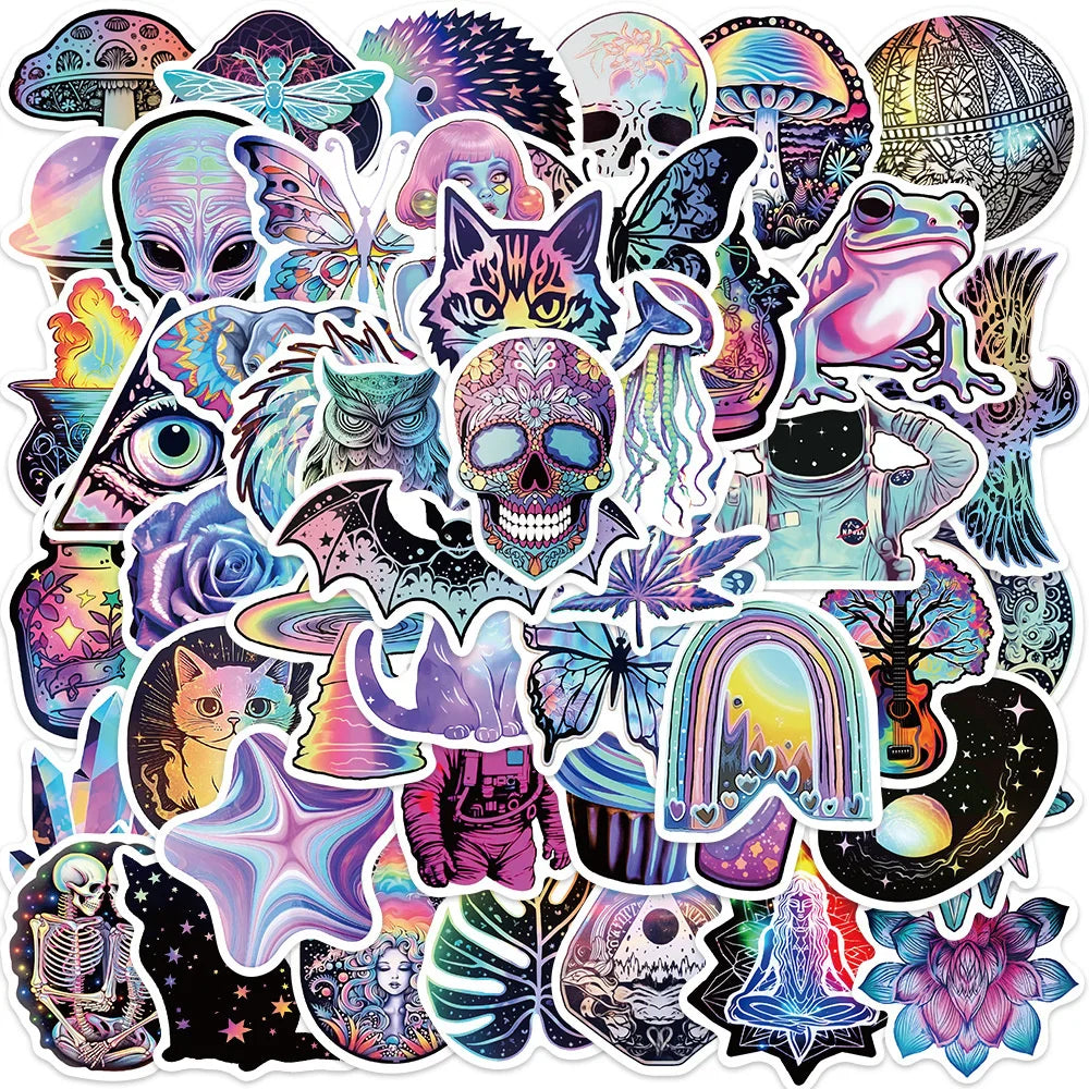 50pcs Cartoon Psychedelic Mysterious Graffiti Stickers For Phone Ipad Aesthetic Sticker DIY Handmade Scrapbooking Material (Online Order Only)