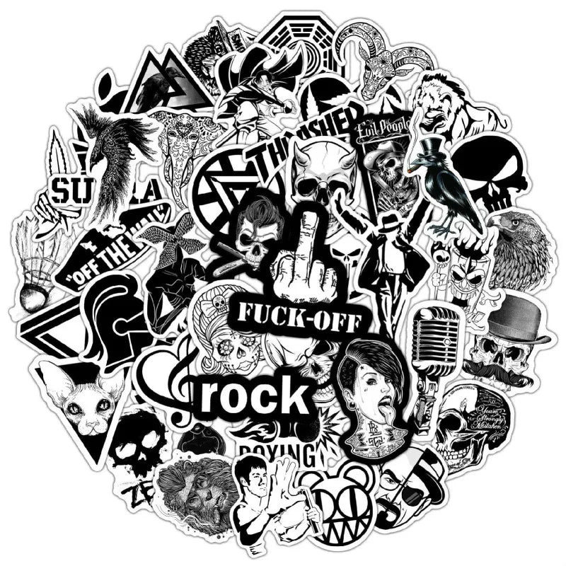 10/30/50pcs Black & White Skull Rock Mixed Graffiti Stickers Hip Hop Cartoon Stickers (ONLINE ORDER ONLY)