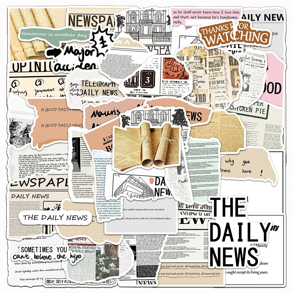 Retro Newspaper Aesthetic Stickers Vintage Waterproof Decals for Motorcycle Laptop Phone (Online Order Only)