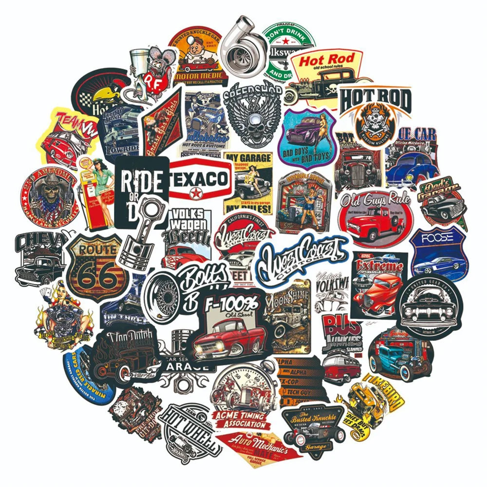 50PCS Retro Car Graffiti Helmet Stickers for Skateboard, Guitar, Phone, Fridge Decoration (Online Order Only)