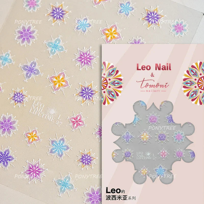 Pink Blue Yellow Embroidery Totems Geometric Floral Pattern Flower 5D Embossed Nail Art Stickers Bohemian Style Manicure Decals (ONLINE ORDER ONLY)