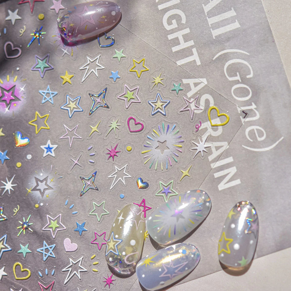 Colorful Starry Light Starburst Love Heart Halo Dyeing Soft Reliefs Self Adhesive Nail Art Decoration Stickers Manicure Decals (ONLINE ORDER ONLY)