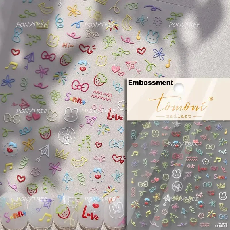 Cute Pink Strawberry Bowknot Star Lesbian Ribbon Fluttering Fruit Rhinestone Relief Adhesive Nail Art Stickers Manicure Decals (ONLINE ORDER ONLY)