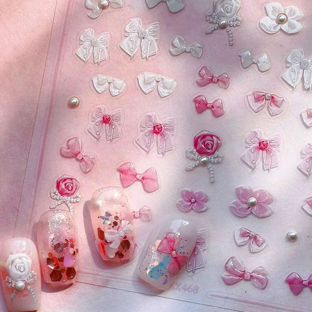 Chic Pink White Rose Flower Lace Bowknot Ribbon Jelly 5D Pearl Romantic Charming Self Adhesive Nail Art Sticker Manicure Decals (ONLINE ORDER ONLY)
