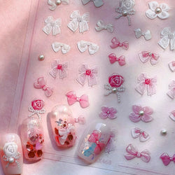 Chic Pink White Rose Flower Lace Bowknot Ribbon Jelly 5D Pearl Romantic Charming Self Adhesive Nail Art Sticker Manicure Decals (ONLINE ORDER ONLY)