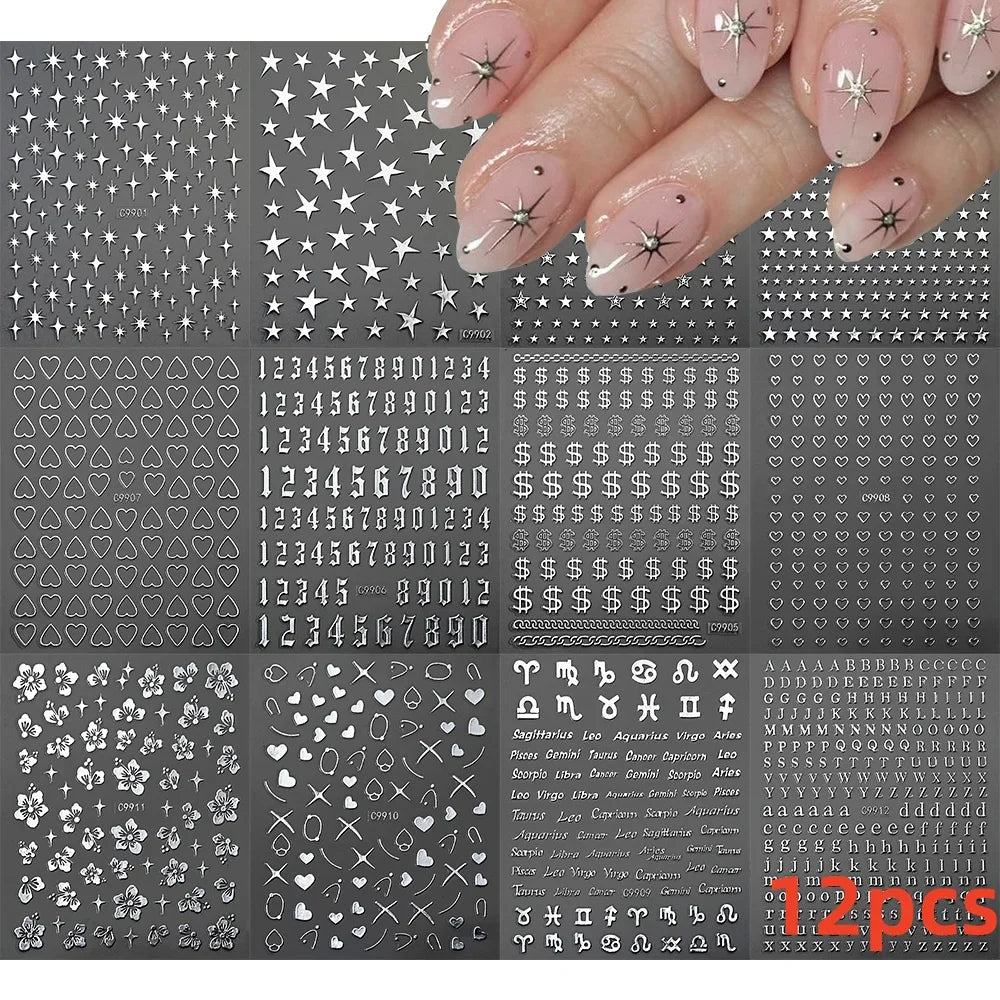 12pcs 3D Golden Glitter Heart Love Nail Stickers Valentine Self Adhesive Cute Cartoon Decal Geometry Slider Manicure Decoration* (ONLINE ORDER ONLY)