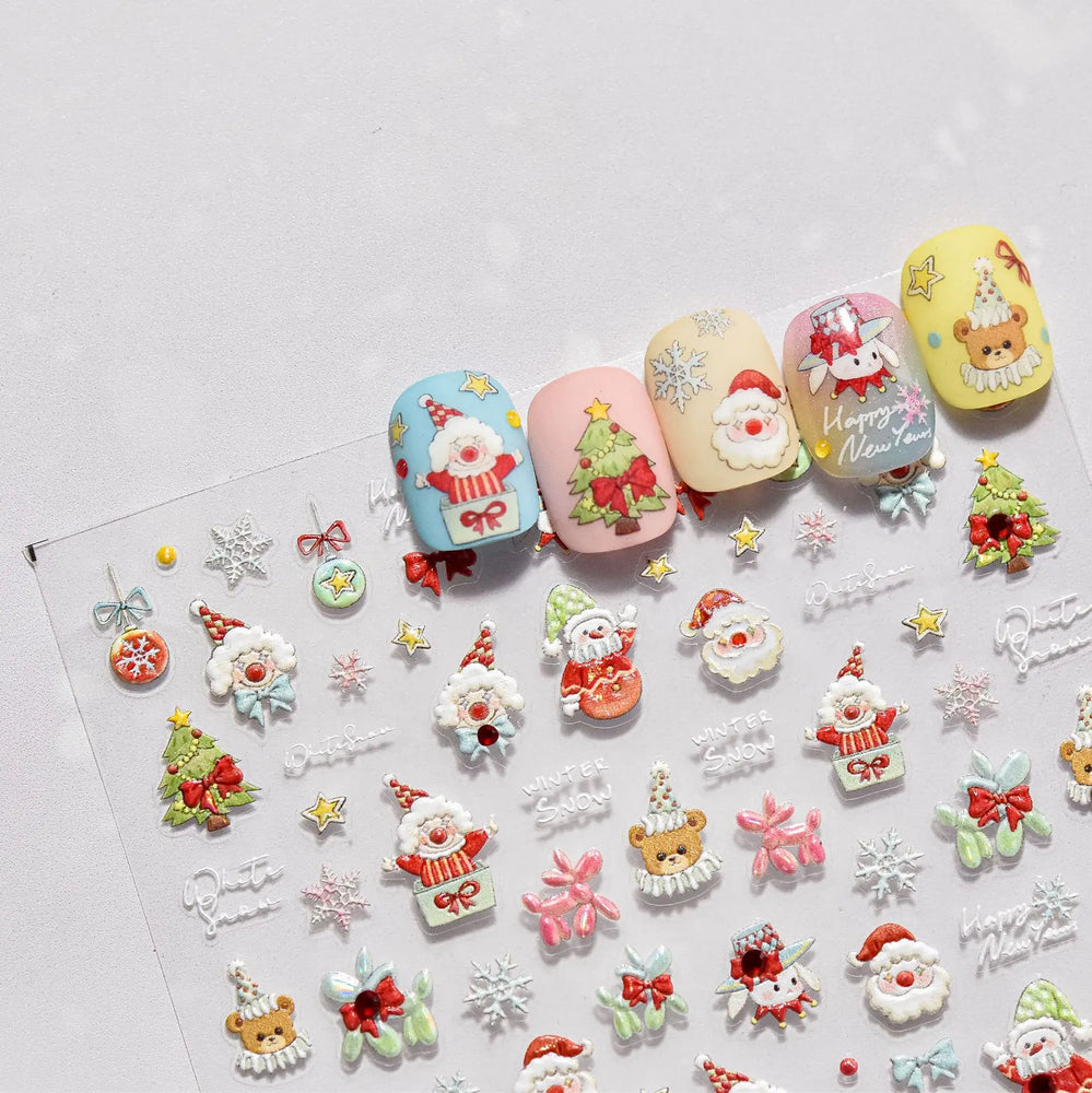 Apple Bear Bunny Snowman Winter Tree Bell Dog Self Adhesive Nail Art Stickers Snowflake Santa Claus Rhinestone Manicure Decals (ONLINE ORDER ONLY)