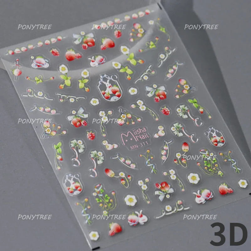 Cute White Rabbit Bunny Strawberry Flower Pudding Star Bowknot Fruit Delicate Adhesive Nail Art Sticker Charming Manicure Decal (Online Order Only)