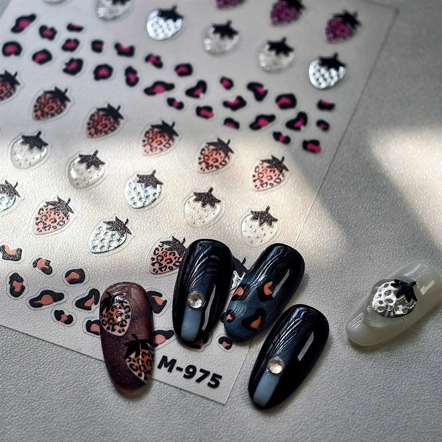 Pink Transparent Strawberry Leopard Print Metal Silver Fruit Lovely Self Adhesive Nail Art Stickers 5D Manicure Decals Wholesale (ONLINE ORDER ONLY)