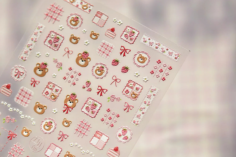 Lovely Bear Strawberry Cake Rose Flower Grid Block Bowknot Embossed Relief Self Adhesive Nail Art Sticker Cute 3D Manicure Decal (ONLINE ORDER ONLY)