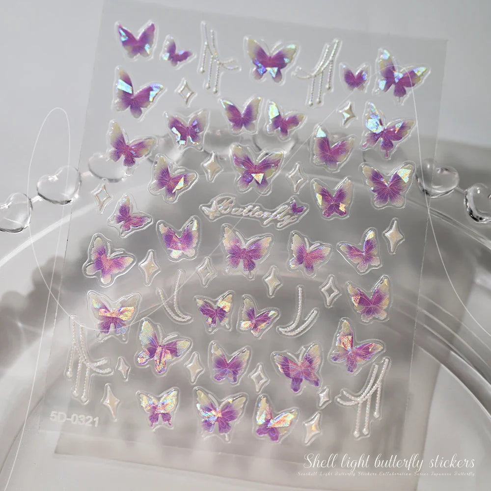 1pc Aurora Butterfly Nail Stickers Pink Butterfly Shell Light Beam Angel Wings Sliders Fairy Light & Lively Translucent Nail Dec (ONLINE ORDER ONLY)