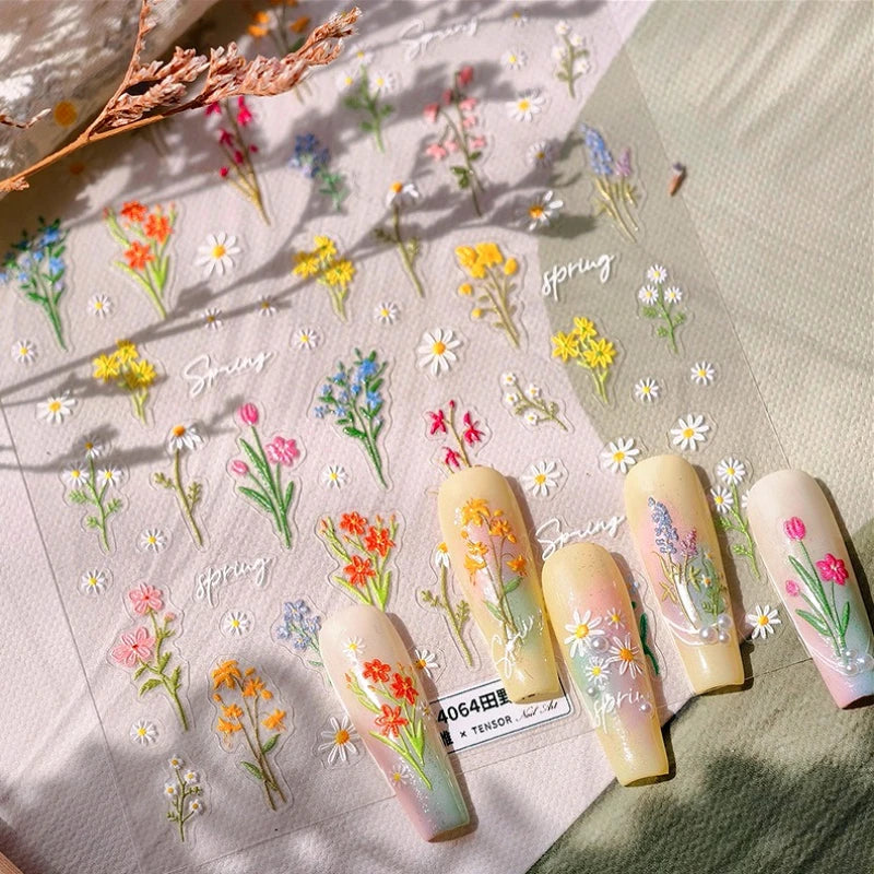 Field Bouquet Canola Flowers Daisy Tulip Garden Lavender Spring Embossed Reliefs Self Adhesive Nail Art Stickers Manicure Decals (ONLINE ORDER ONLY)