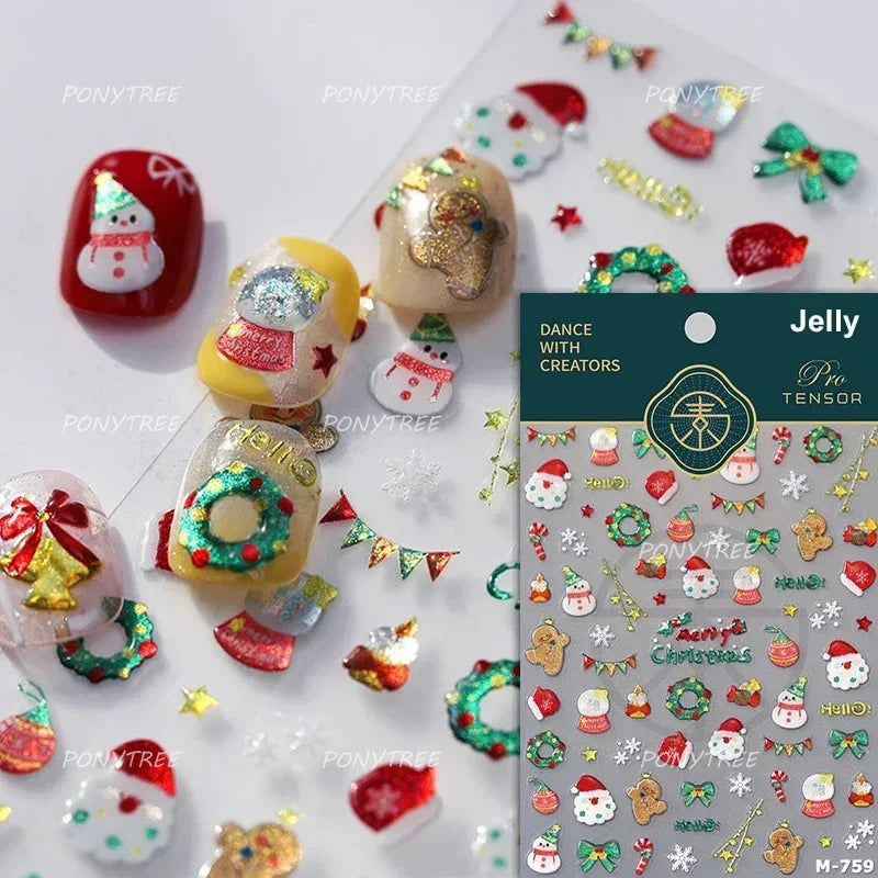 Apple Bear Bunny Snowman Winter Tree Bell Dog Self Adhesive Nail Art Stickers Snowflake Santa Claus Rhinestone Manicure Decals (ONLINE ORDER ONLY)
