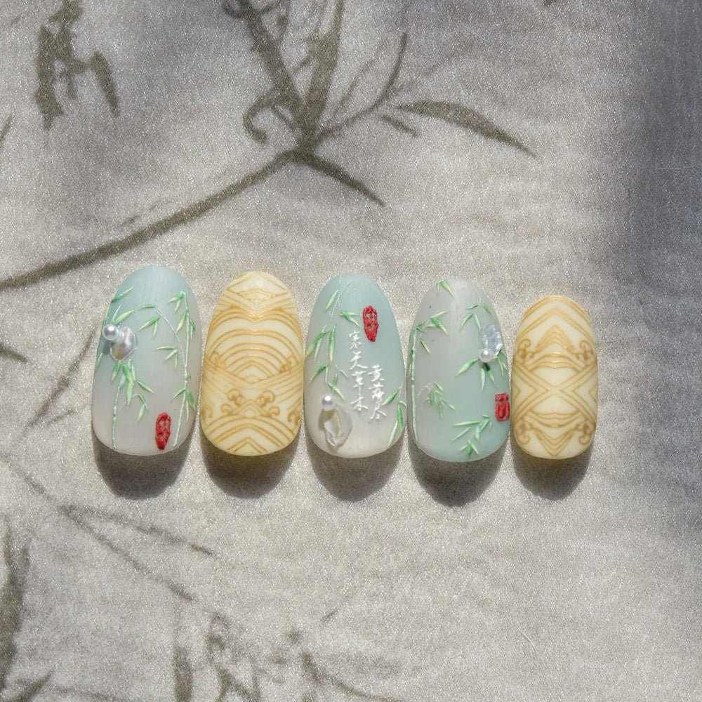 Antique Vigorous Pink Green Bamboo Leaf Robust Plant 5D Soft Relief Adhesive Nail Art Stickers Bouncing Leaves Manicure Decals (ONLINE ORDER ONLY)