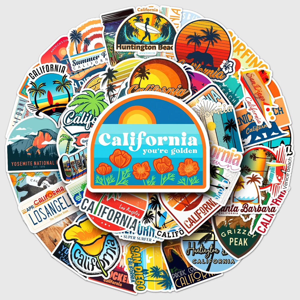 50Pcs California City Cartoon Waterproof Vinyl Stickers for Skateboard Snowboard (Online Order Only)