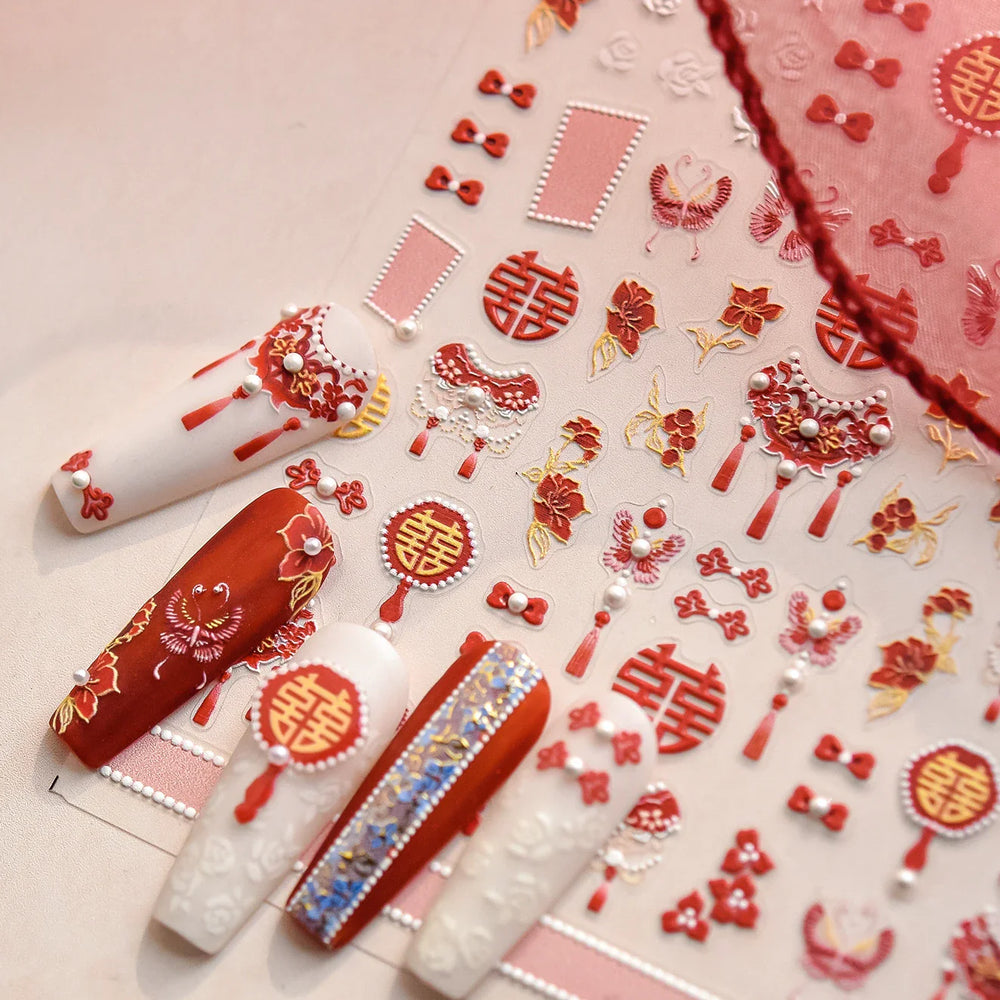 Embroidery Yunjin Brocade Tassels Bowknot Butterfly Flower Rose Camellia Adhesive Nail Art Stickers Rhinestone Manicure Decals (Online Order Only)