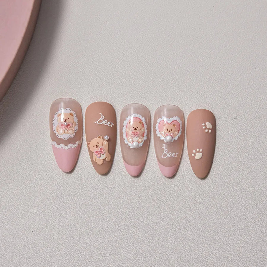 Retro Love Heart White Lace flower Bowknot Tie Pink Bear Flower Strawberry Adhesive Nail Art Stickers Rhinestone Manicure Decals (ONLINE ORDER ONLY)
