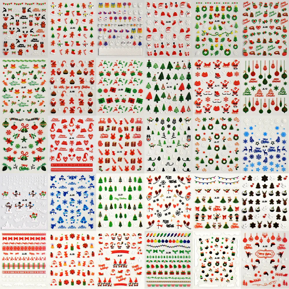 30Sheet 3D Glitter Christmas Nail Art Stickers Santa Claus Snowflake Elk Christmas Tree Design Nail Decals Cartoon Nail Supplies (Online Order Only)