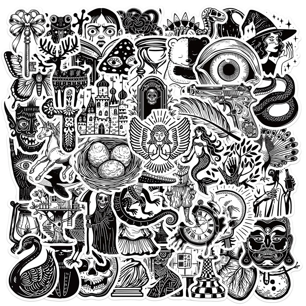 Black & White Cartoon Sticker Set: Phone, Laptop, Luggage, Skateboard Decals (10/30/50PCS) (Online Order Only)