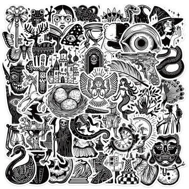 Black & White Cartoon Sticker Set: Phone, Laptop, Luggage, Skateboard Decals (10/30/50PCS) (Online Order Only)
