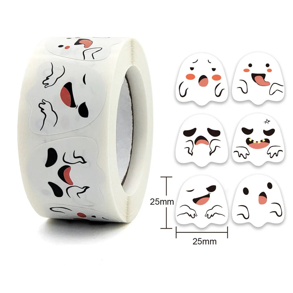 500pcs/roll Halloween Sticker Ghost Labels Gift Candy Bags Seal Stickers Halloween DIY Package Paper Sticker Party Decoration (Online Order Only)