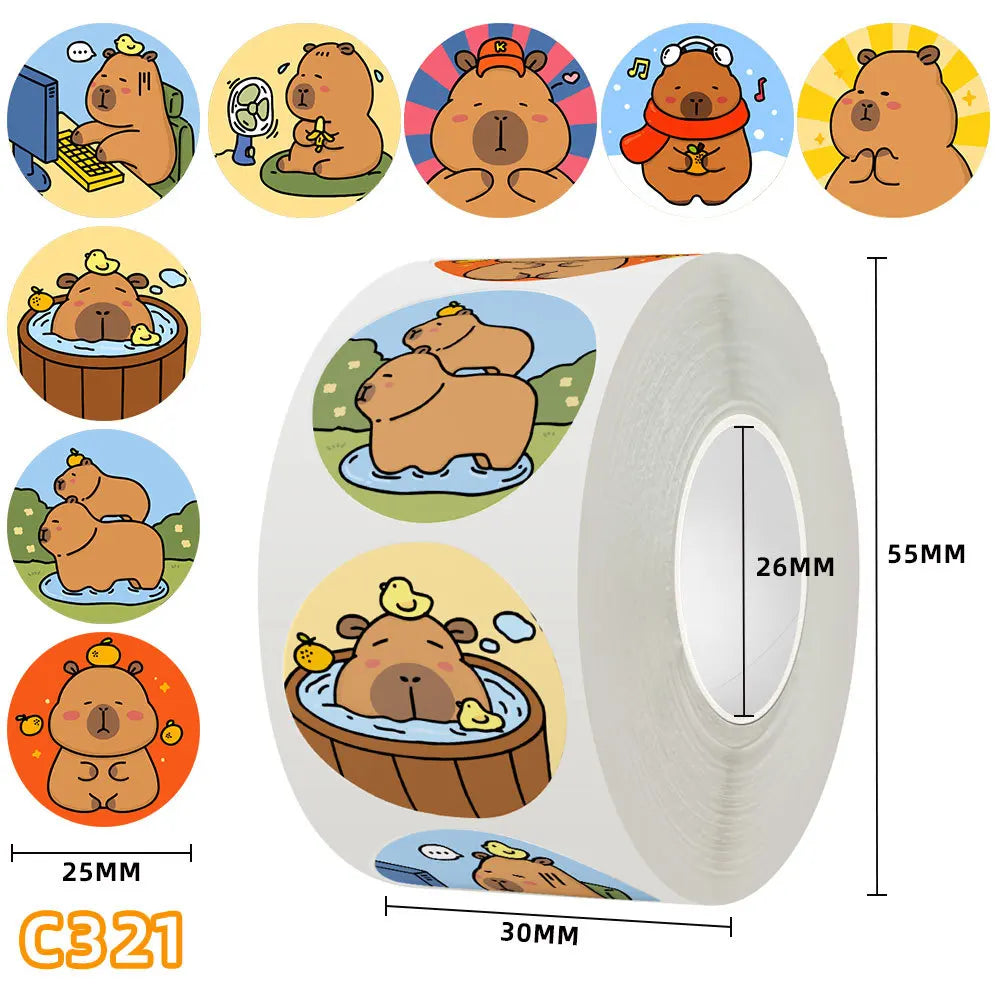 500Pcs Funny Cartoon Cute Capybara Varied Stickers Roll for Kids Phone Helmet Laptop Computer Decor Sealing Label Graffiti Decal (Online Order Only)