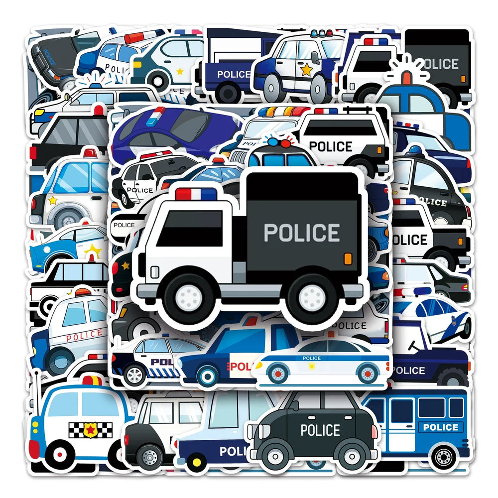 50Pcs Police Car Cartoon Waterproof Vinyl Stickers for Skateboard Snowboard (ONLINE ORDER ONLY)
