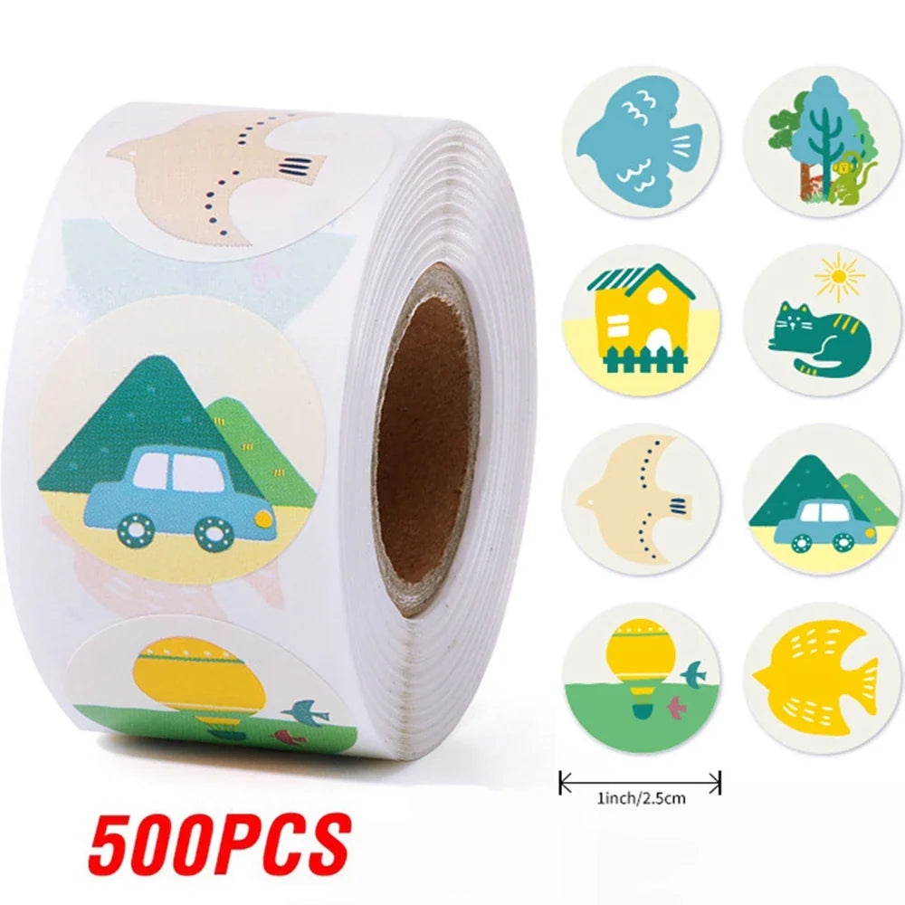 100-500pcs 1inch Cute Cartoon Stickers Round Reward Sticker Adhesive Labels for Classic School Teacher Kids Toy Sealing Lables (ONLINE ORDER ONLY)