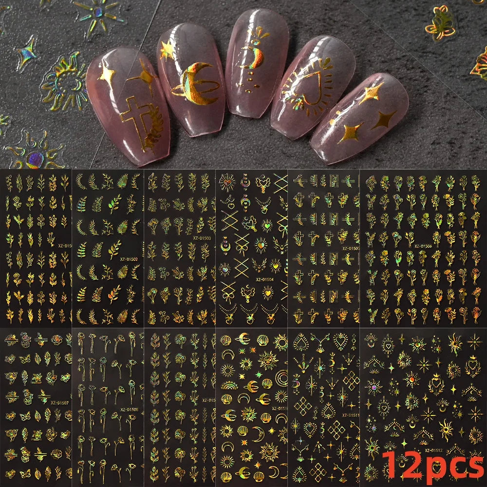 12PCS White Flowers Leaves 3D Nail Stickers Star/Moon/Sun Nail Art Decoration Decals Geometric Flower Stickers Nail Art Supplies (ONLINE ORDER ONLY)