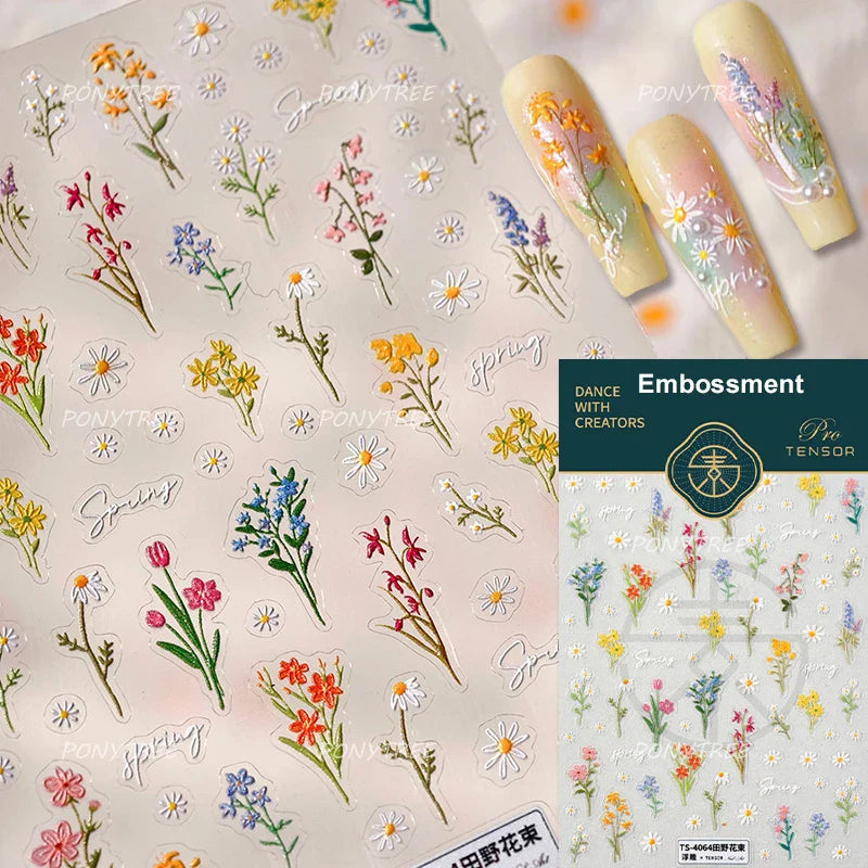 Field Bouquet Canola Flowers Daisy Tulip Garden Lavender Spring Embossed Reliefs Self Adhesive Nail Art Stickers Manicure Decals (ONLINE ORDER ONLY)