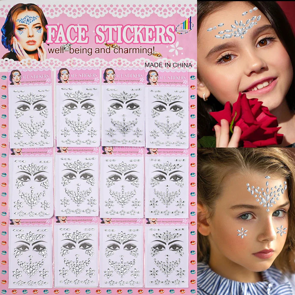 12Pcs 3D Stickers On The Face Rhinestone Makeup Bright Face Art Sticker Girl's Temporary Tattoo Rhinestone For Strasse Makeup &* (Online Order Only)