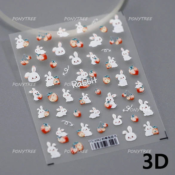 Cute White Rabbit Bunny Strawberry Flower Pudding Star Bowknot Fruit Delicate Adhesive Nail Art Sticker Charming Manicure Decal (Online Order Only)