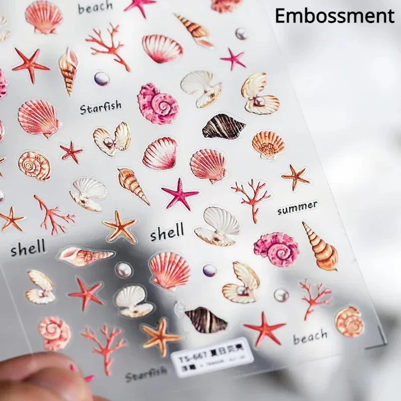 Summer Beach Ocean Shell Starfish Clams Conch Stars Sea Bubble Seasnail Soft Relief Decoration Nail Art Stickers Manicure Decals (ONLINE ORDER ONLY)