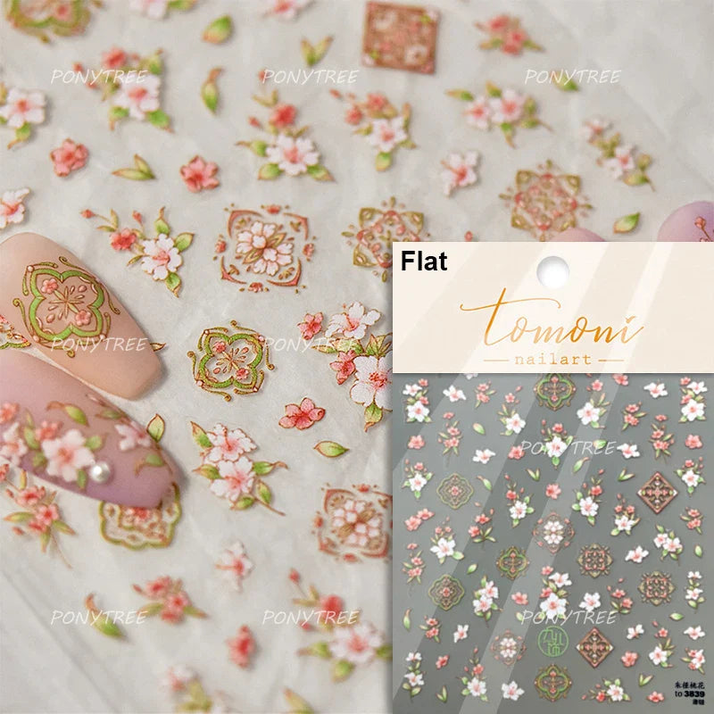 Romantic Pink Peach Blossom Tower Circular Fan Hollowed Window Tassel Pendant Antique Tree Chic Nail Art Stickers Manicure Decal (ONLINE ORDER ONLY)