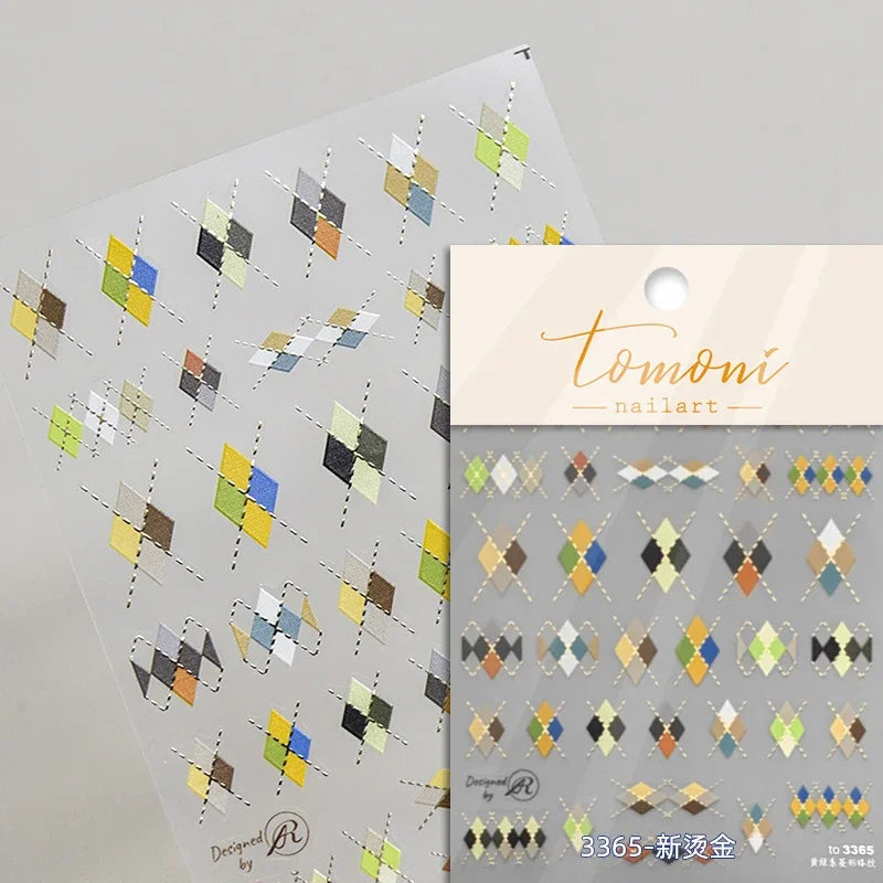 French Style Colorful Square Grid Rhombus Stripe Bowknot Line 3D Self Adhesive Nail Art Stickers Shiny Rhinestone Manicure Decal (Online Order Only)