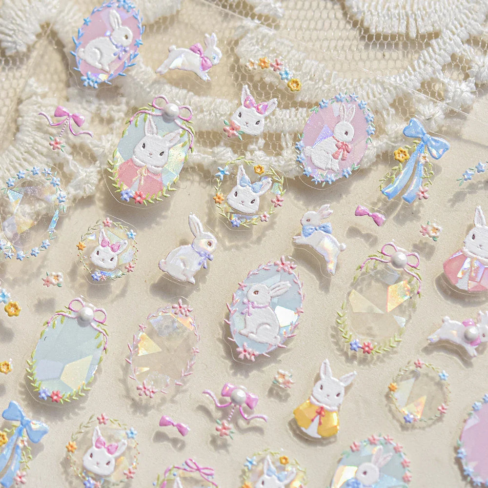 Flower Garland Lovely Bunny Rabbit Floral Wreath Bowknot Frame Spring Charm Heart 5D Adhesive Nail Art Stickers Manicure Decals (ONLINE ORDER ONLY)