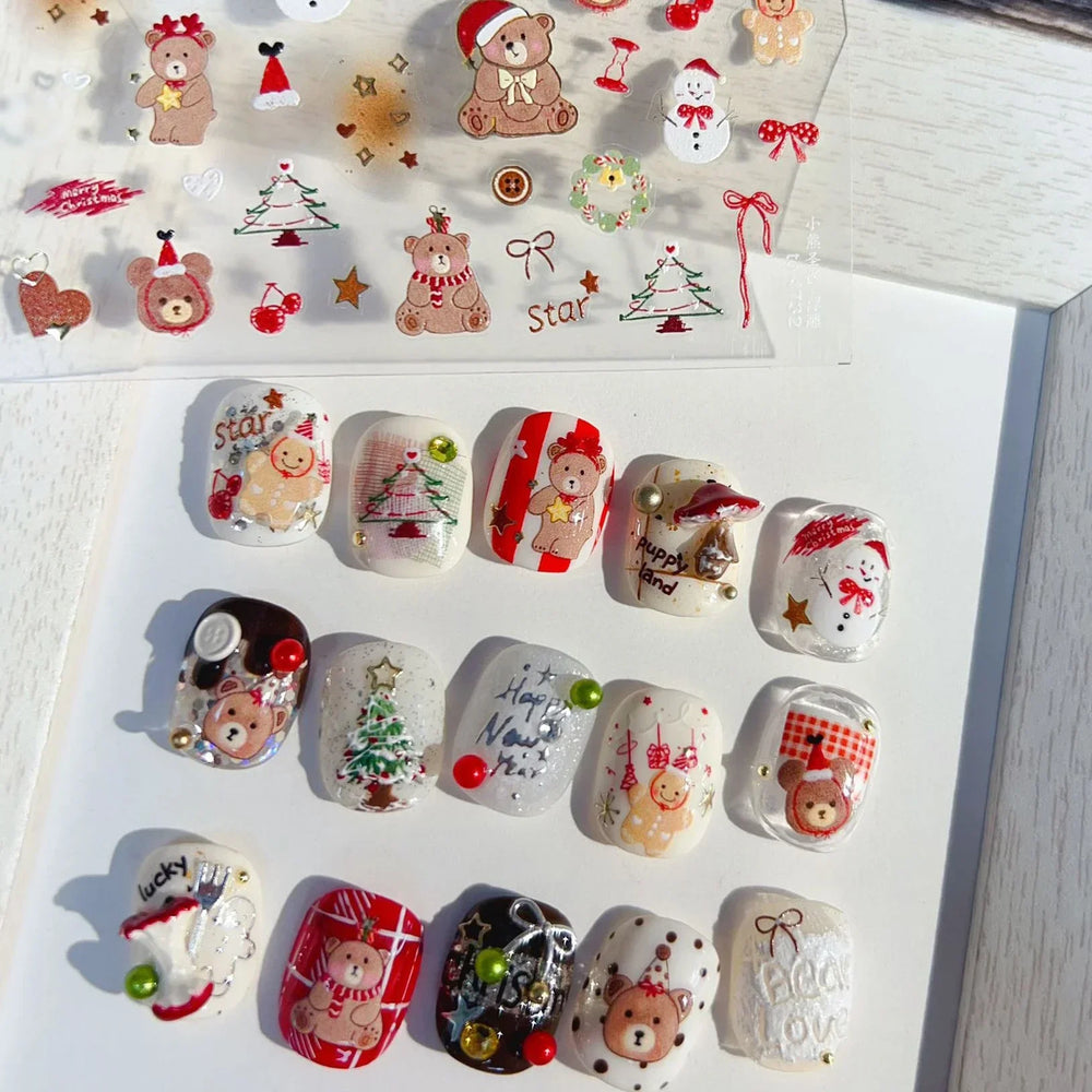 Santa's Hat Candy Santa Claus Christmas Tree Bell Elk 5D Self Adhesive Nail Art Stickers Button Snowflake Cherry Manicure Decals (ONLINE ORDER ONLY)