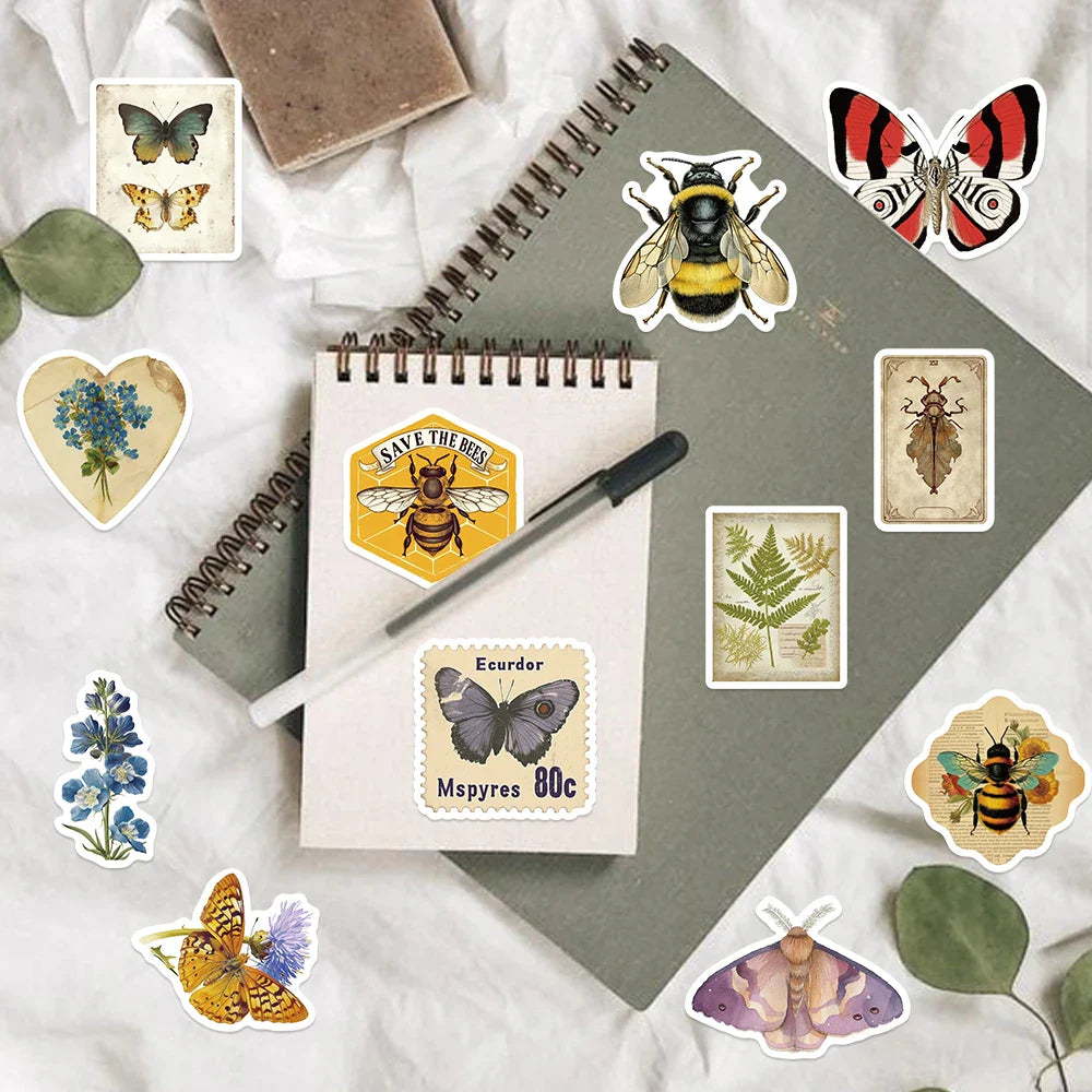 50pcs Retro Insects Stickers Toys Cute Animals Cartoon Decals For Kids DIY Laptop Scrapbook Stationery Fridge Funny Sticker (Online Order Only)