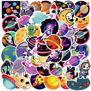 10/30/50PCS Kawaii Planet Cartoon Stickers Rocket Universe Adventure Stickers Cute Animal Decals DIY Laptop Skateboard Kids Toy (ONLINE ORDER ONLY)
