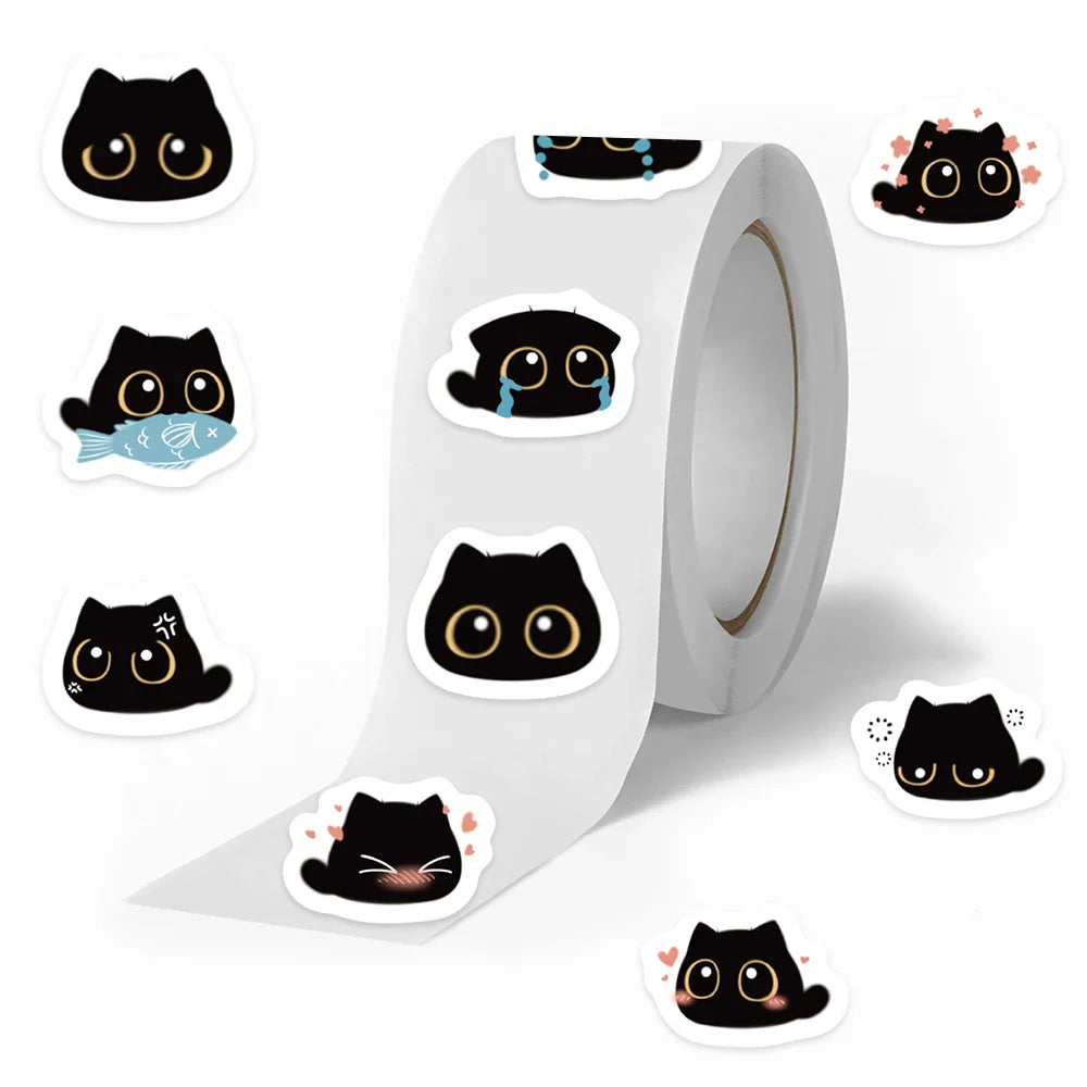 500pcs/roll Cute Cartoon Animal Black Cat Stickers Kids Students Reward Decals Luggage Laptop Phone Vinyl Sticker (10 Patterns) (ONLINE ORDER ONLY)