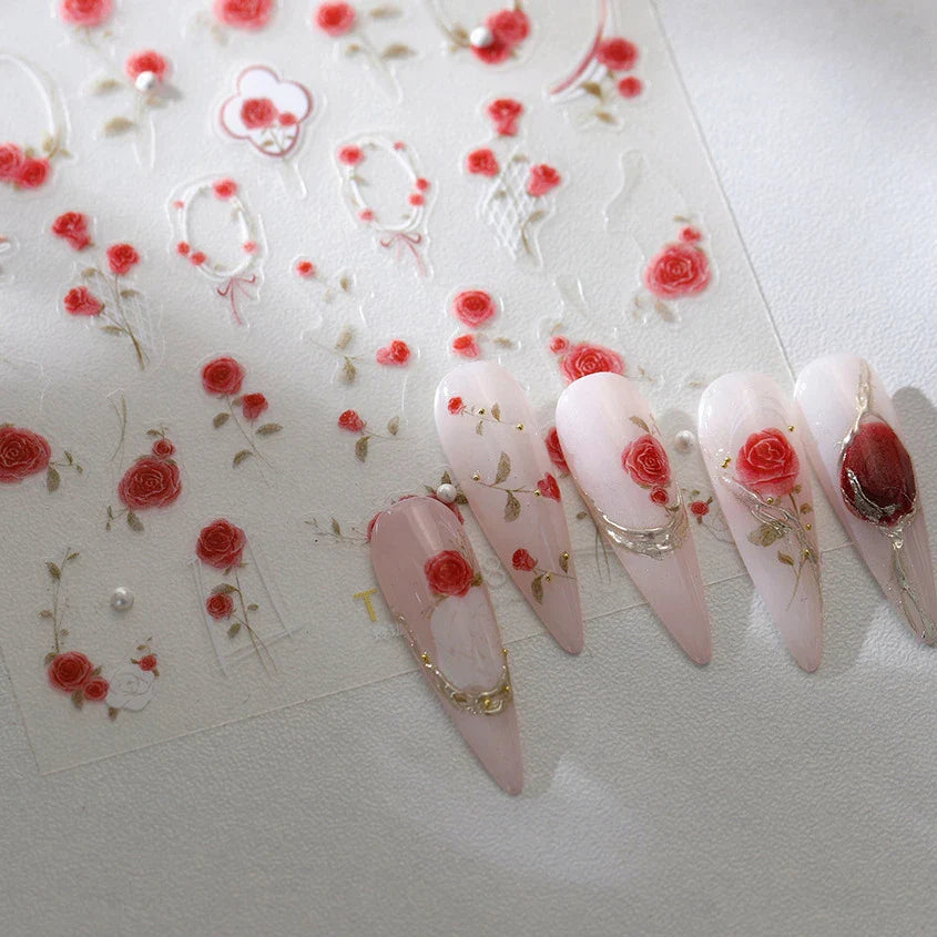 Rose Flower Bouquet Wreath Lace Green Leaves Beautiful Floret Heart Rich Adhesive Nail Art Decorations Stickers Manicure Decals (ONLINE ORDER ONLY)