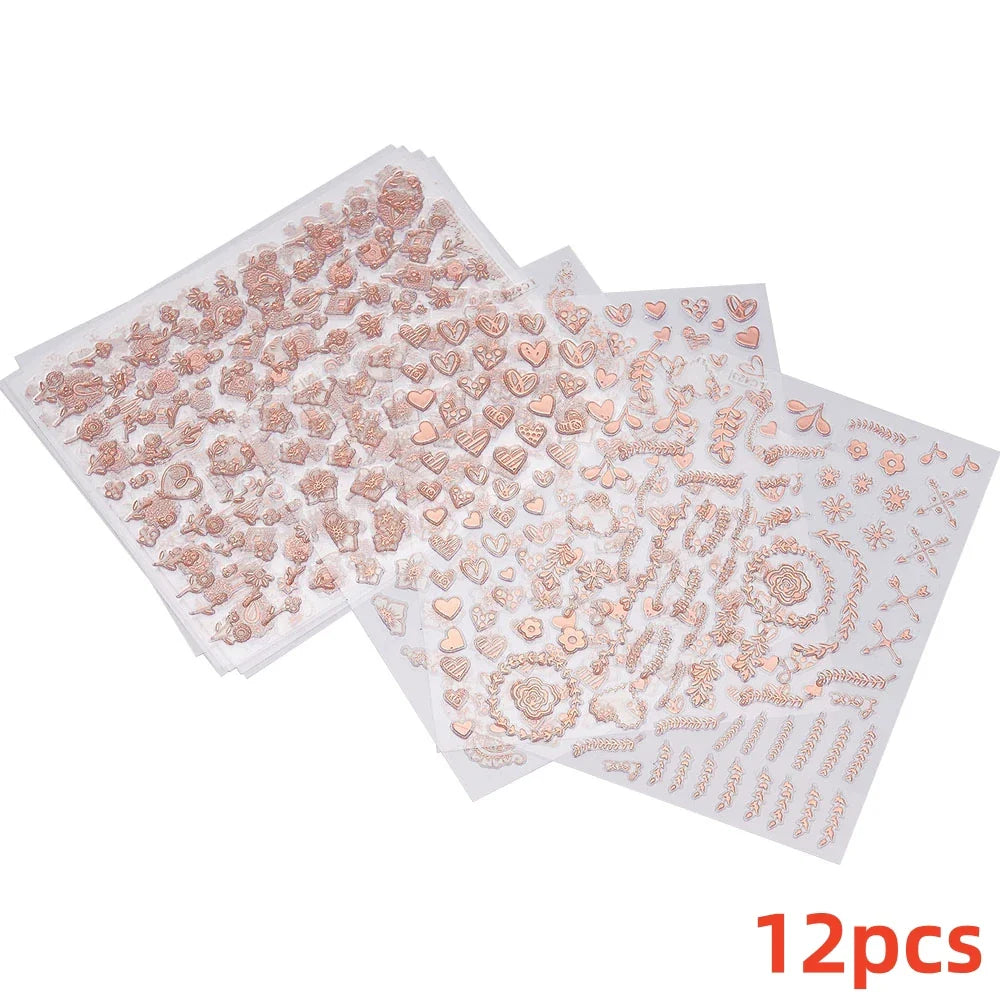12pcs 3D Golden Glitter Heart Love Nail Stickers Valentine Self Adhesive Cute Cartoon Decal Geometry Slider Manicure Decoration* (ONLINE ORDER ONLY)