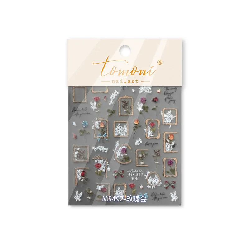 Chic Retro Rose Photo Frame Dried Flower Petal Self Adhesive Nail Art Stickers 5D Hot Stamping Relief Rhinestone Manicure Decals (Online Order Only)
