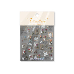 Chic Retro Rose Photo Frame Dried Flower Petal Self Adhesive Nail Art Stickers 5D Hot Stamping Relief Rhinestone Manicure Decals (Online Order Only)