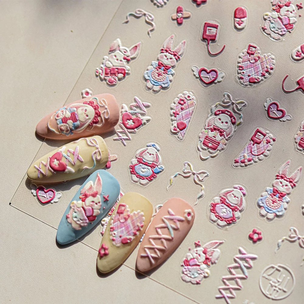 Bunny Love Heart Rabbit Nurse Cut Wound Bowknot Pill Flower Medicine Treatment Self Adhesive Nail Art Stickers Manicure Decals (ONLINE ORDER ONLY)