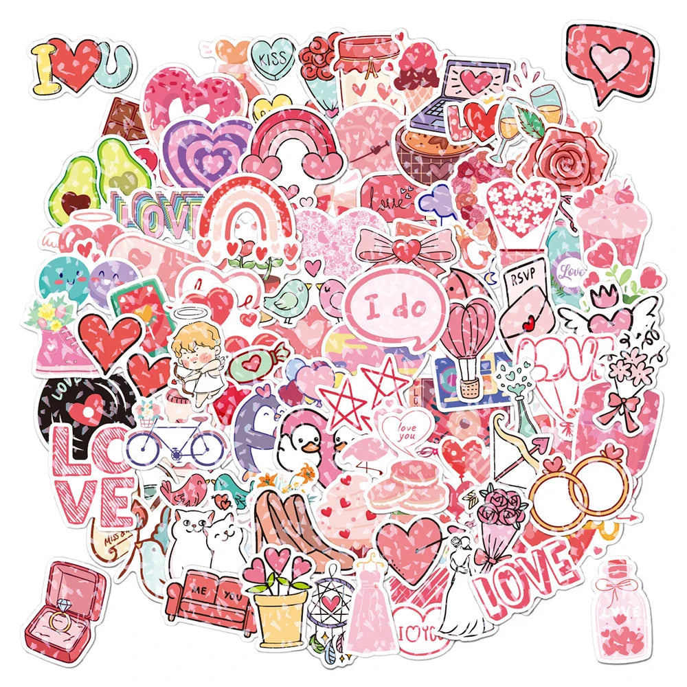 10/30/50/100PCS Valentine's Day Romantic Cartoon Stickers Holographic Laser Decals Graffiti Toy DIY Notebook Phone Gift For Love (ONLINE ORDER ONLY)