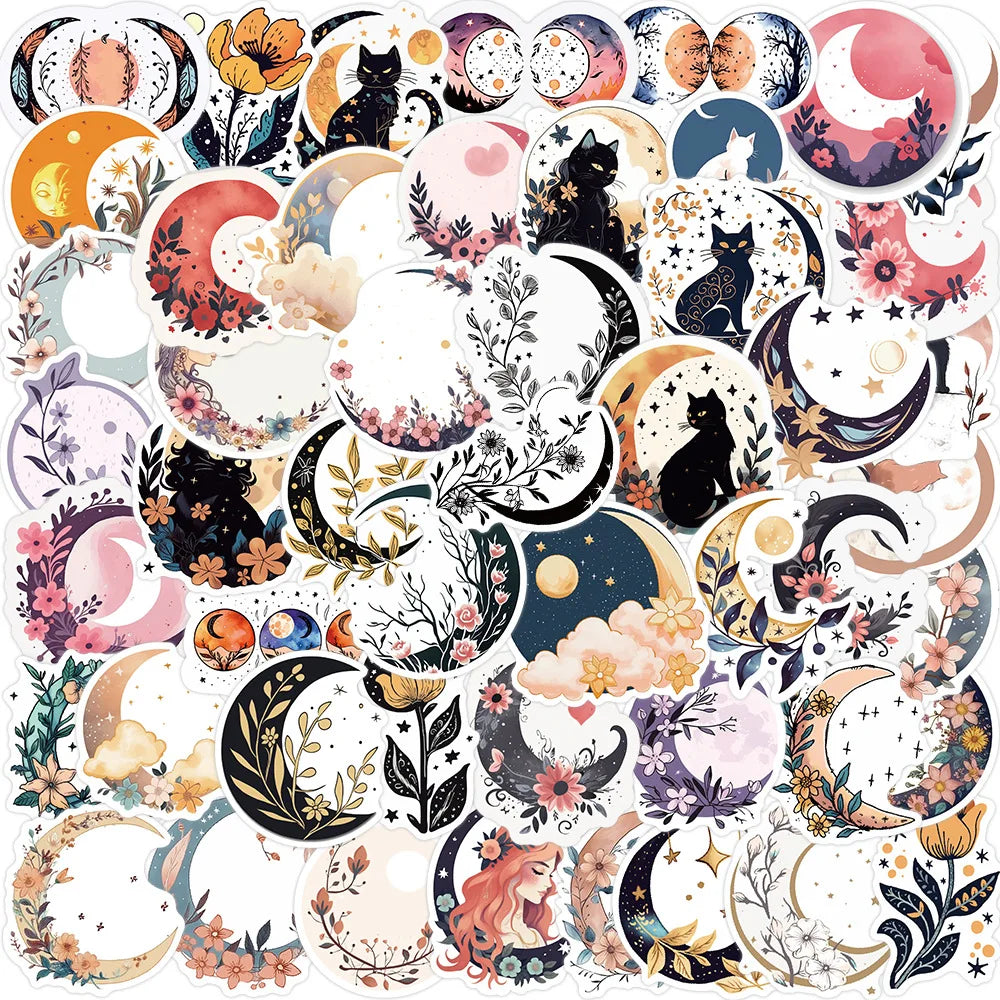 50Pcs Boho Moon Flowers Cartoon Stickers Black Cat Car Guitar Motorcycle Luggage Suitcase DIY Classic Toy Funny Sticker Gift (ONLINE ORDER ONLY)